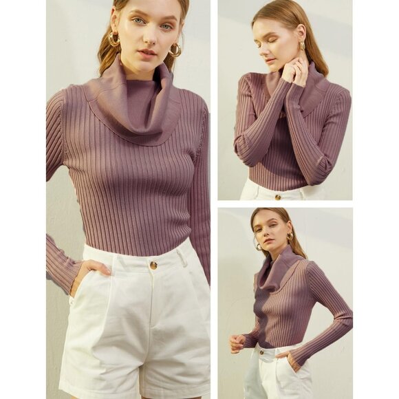 Women’s Berry Cowl Neck Knit Long Sleeve Bodycon Stretchable Slim Fit Sweater - Picture 3 of 5